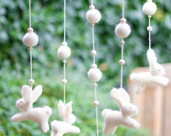 Baby Mobile, Hand-Knitted Bunny Crib Mobile, Woodland Nursery Decor, Handmade Baby Shower Gift