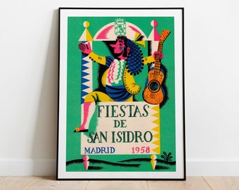 Madrid Print, Spanish Fiesta Vintage Poster - Mid-century 1950s Spain Wall Art