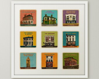 Manchester Pubs Poster - Retro Beer Mat Print - for Beer Lovers - Digital Download (PDF / JPG)
