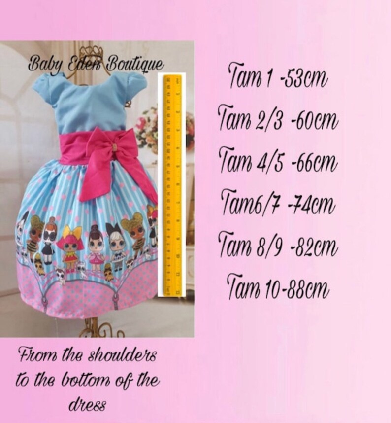 May include: A blue and pink dress with a pink bow and a print of cartoon characters. The dress is measured in centimeters from the shoulder to the bottom of the dress. The measurements are: 1 - 53cm, 2/3 - 60cm, 4/5 - 66cm, 6/7 - 74cm, 8/9 - 82cm, 10 - 88cm.