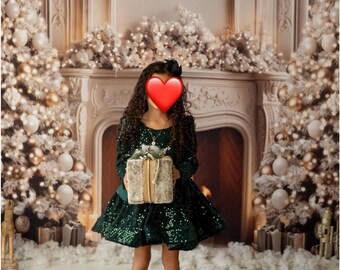 Christmas dress ready to ship /green sequin velvet fancy dress /free shipping /ready to ship /