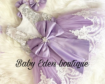 Lavander and silver  dress /party  ready to ship /headband included/free shipping/luxo dress/ flower girl dress/ party dress/ crystal dress/
