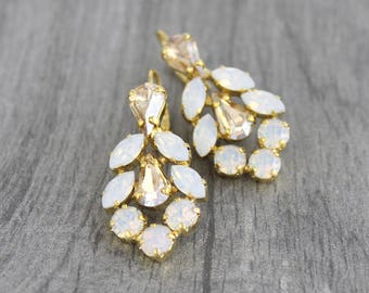White opal Bridal earrings, Crystal Wedding earrings, Bridal jewelry, Gold dangle earrings, Special occasion earrings, Wedding jewelry