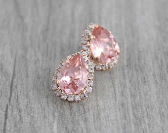 Rose gold Stud earrings, Bridal jewelry, Crystal Bridal earrings, Bridesmaid earrings, Teardrop stud earrings for Bride, Wedding jewelry