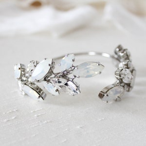 White opal Bridal bracelet, Crystal Wedding bracelet, Bridal jewelry, Open cuff bracelet, Bridesmaid bracelet, Leaf bracelet Wedding jewelry