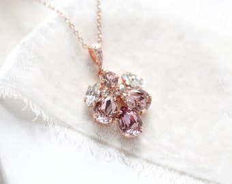 Rose gold Bridal necklace, Bridal jewelry, Crystal Bridesmaid necklace, Blush crystal necklace, Rose gold Wedding necklace, Pendant necklace