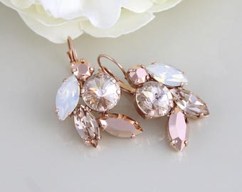 Rose gold Bridal earrings, Bridal jewelry, Blush Crystal earrings, White opal earrings, Crystal Wedding earrings, Dangle earrings for Bride