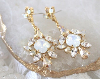 Gold Bridal earrings, Bridal jewelry, White opal Chandelier Wedding earrings, Crystal Wedding earrings, Special occasion earrings