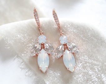 Rose gold Bridal earrings, White opal Wedding earrings, Wedding jewelry, Crystal drop earrings, Rose gold Bridal jewelry, Dangle earrings