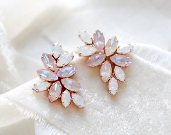 Pendientes de cristal Swarovski, pendientes de novia de oro rosa, pendientes de boda de cristal pastel, pendientes rosa polvoriento, pendientes crema marfil