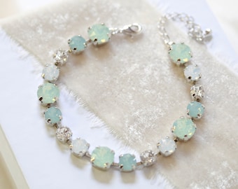 Mint green bracelet, Crystal Bridal bracelet, Bridal jewelry, White Opal Tennis bracelet, Wedding jewelry, Bracelet for Bride, Round crystal