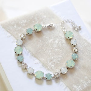 Mint green bracelet, Crystal Bridal bracelet, Bridal jewelry, White Opal Tennis bracelet, Wedding jewelry, Bracelet for Bride, Round crystal image 1