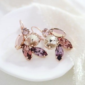 Rose gold Bridal earrings, Burgundy crystal earrings, Bridal jewelry, Cluster leaf earrings, Rose gold crystal earrings, Wedding earrings image 1