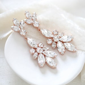 Rose Gold Braut Ohrringe, Brautschmuck, Kristall-Ohrringe, Statement Hochzeit Ohrringe, Rose Gold Hochzeit Schmuck, lange Ohrringe