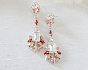 Rose gold Wedding earrings, Crystal Bridal earrings, Bridal jewelry, Rose gold Chandelier earrings, Long Statement earrings, Wedding jewelry