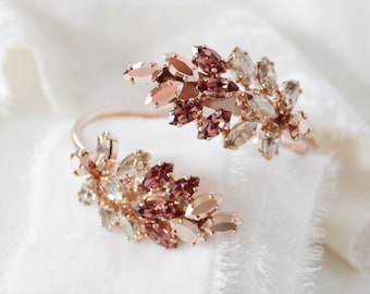 Rose gold Bridal Bracelet, Bridal jewelry, Rose gold leaf bracelet, Crystal Wedding bracelet, Open Cuff bracelet, Crystal Bangle bracelet