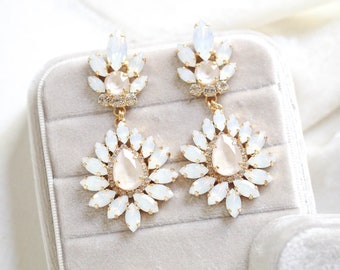 White opal Bridal earrings, Bridal jewelry, Ivory cream earrings, Gold chandelier earrings, Statement Wedding earrings, Large earrings