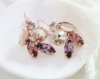 Rose Gold Braut Ohrringe, Burgund Kristall Ohrringe, Braut Schmuck, Cluster Blatt Ohrringe, Rose Gold Kristall Ohrringe, Hochzeit Ohrringe