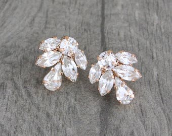 Boucles d’oreilles en or rose, Boucles d’oreilles de mariée en cristal, Bijoux de mariée, Boucles d’oreilles de mariage en or rose, Boucles d’oreilles pour occasions spéciales, Bijoux en or rose