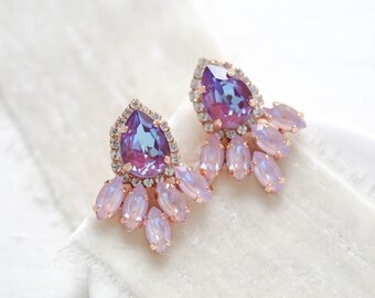 Rose gold purple crystal earrings, Swarovski Burgundy delite stud earrings, Lilac earrings for Bride, Rose gold earrings, Teardrop earrings