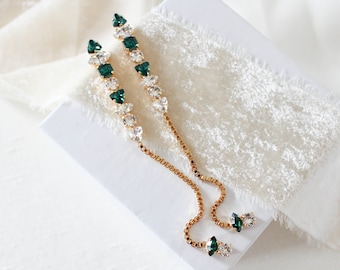 Emerald Green Bridal earrings, Bridal jewelry, Extra long Wedding earrings, Gold crystal earrings, Bridesmaid earrings, Wedding jewelry