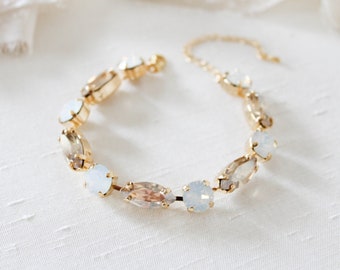 White opal Bridal bracelet, Bridal jewelry, Crystal Wedding bracelet, Bridesmaid Gold bracelet, Tennis bracelet, Wedding jewelry