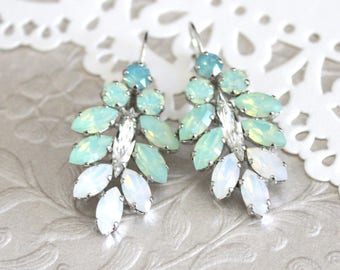 Mint green Bridal earrings, Bridal jewelry, White opal Wedding earrings, Chandelier earrings, Special occasion earrings, Wedding jewelry