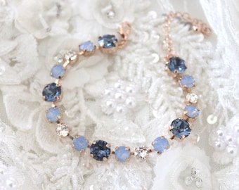 Rose gold Bridal bracelet, Bridal jewelry, Blue Crystal Tennis bracelet, Something Blue Wedding bracelet, Bridesmaid jewelry Wedding jewelry