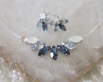 Dusty blue Braut Halskette und Ohrringe, Kristall Halskette, Braut Schmuck Set, Navy Blue Kristall Halskette, Kristall Ohrstecker