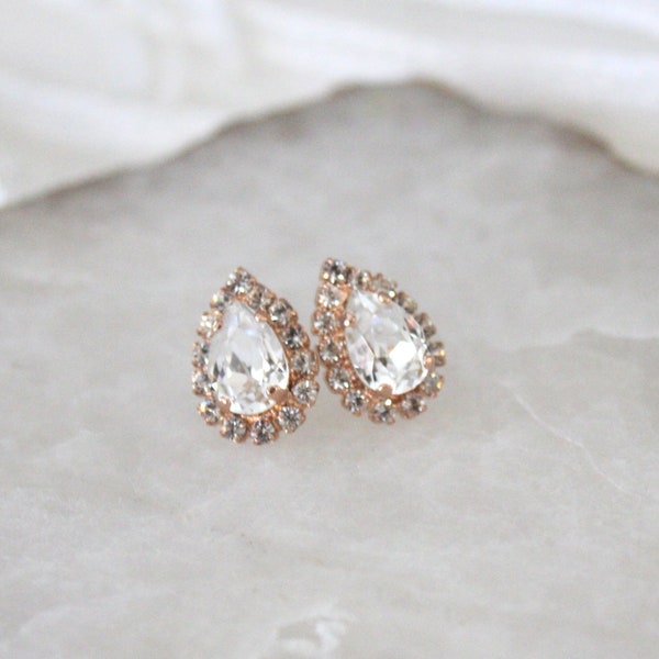 Rose gold Bridal earrings, Bridal jewelry, Small crystal earrings, Stud earrings for Bride, Rose gold Wedding jewelry, Teardrop earrings