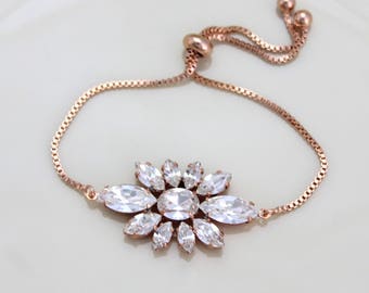 Rose gold bridal bracelet, Adjustable bracelet, Bridal jewelry, Slide bracelet, Swarovski crystal bracelet, Bridesmaid bracelet, Wedding