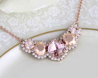 Rose gold necklace, Bridal necklace, Blush crystal necklace, Bridal jewelry, Wedding necklace, Bridesmaid necklace, Statement necklace