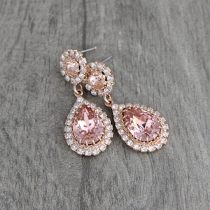 Rose gold Bridal earrings, Bridal jewelry, Teardrop Wedding earrings, Blush crystal earrings, Rose gold Wedding jewelry, Earrings for Bride image 1