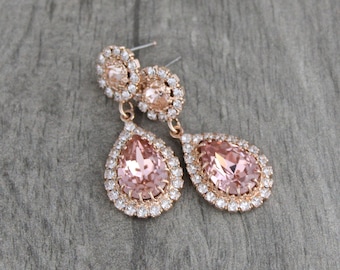 Rose gold Bridal earrings, Bridal jewelry, Teardrop Wedding earrings, Blush crystal earrings, Rose gold  Wedding jewelry, Earrings for Bride