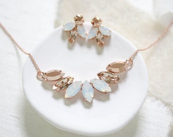 Crystal necklace set, Rose gold Bridal necklace, Bridal jewelry, White opal necklace and earring set, Wedding jewelry set, Stud earrings