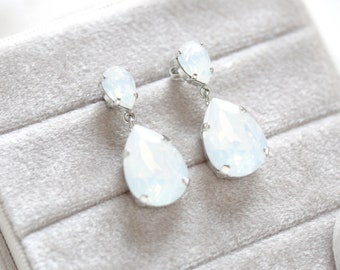 White opal Bridal earrings, Crystal Wedding earrings, Bridal jewelry, Teardrop earrings, Bridesmaid earrings, Silver Wedding jewelry