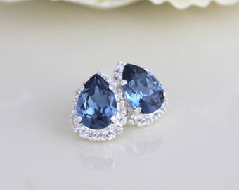 Navy blue earrings, Crystal Bridal earrings, Bridal jewelry, Teardrop earrings, Stud earrings, Swarovski crystal, Bridesmaid earrings