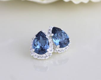 Pendientes azul marino, Pendientes de novia de cristal, Joyas de novia, Pendientes de lágrima, Pendientes de semental, Pendientes de dama de honor, Pendientes de novia