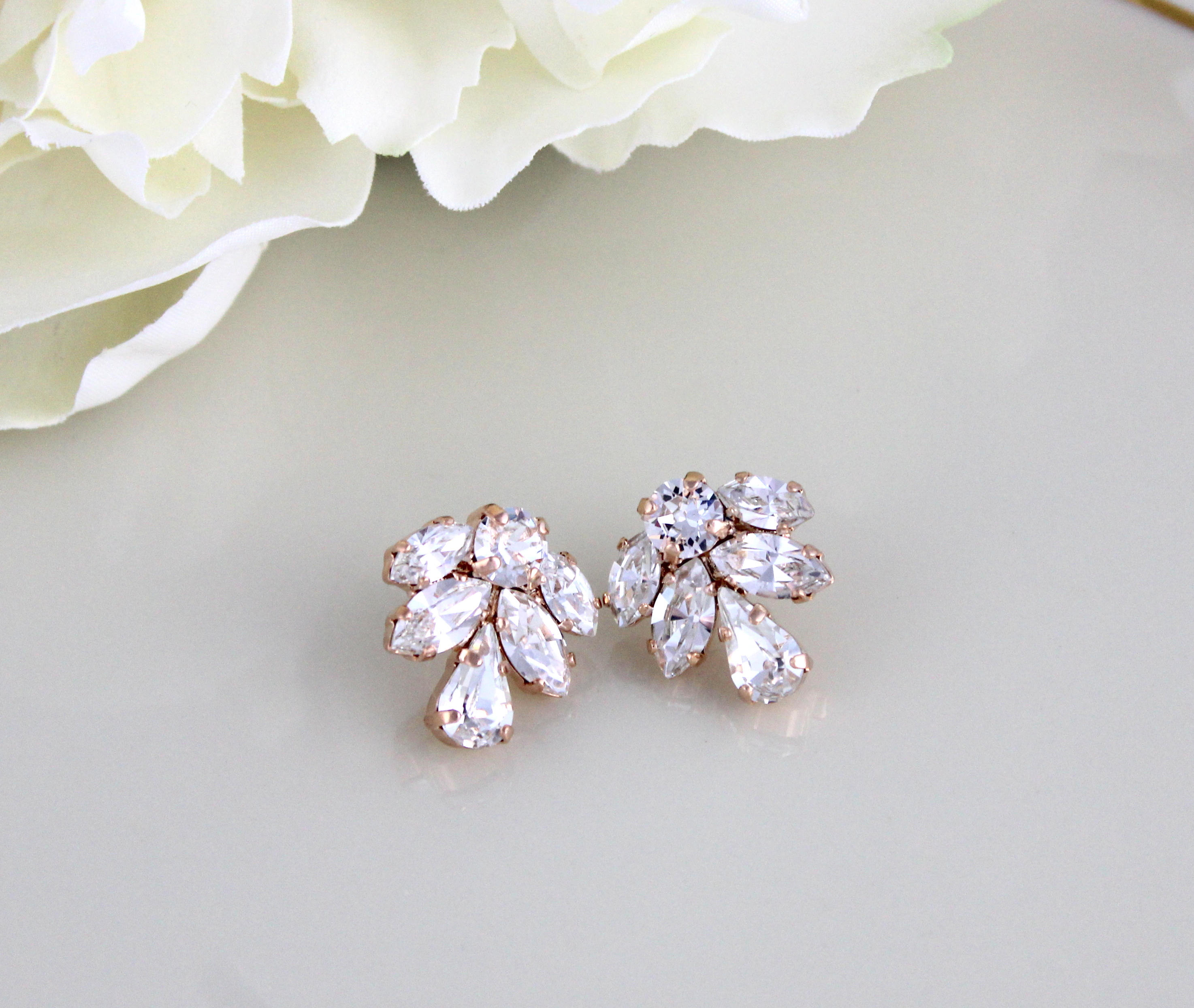 Rose Gold Stud Earrings Crystal Bridal Earrings Bridal - Etsy