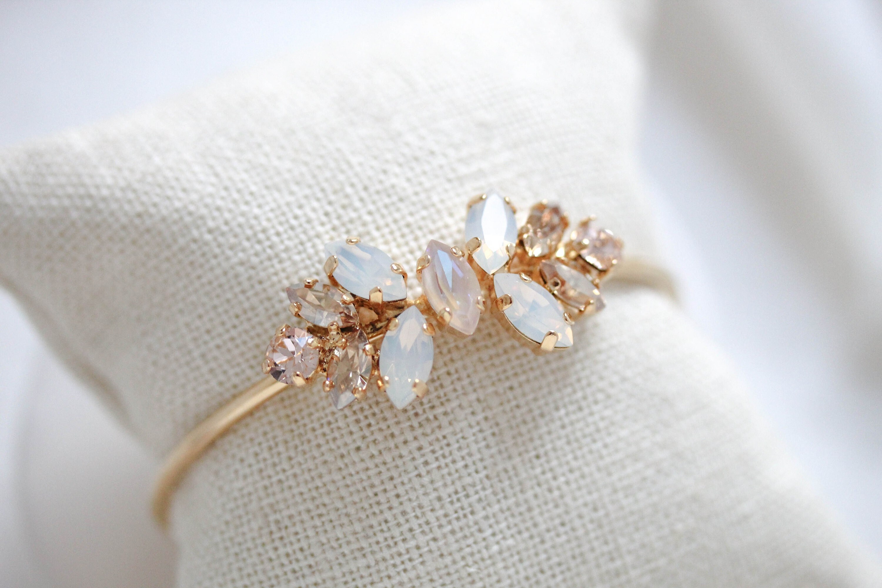 Gold Bridal bracelet, Bridal jewelry, Crystal bracelet for bride, Wedding bracelet, Jewelry for Wedding, White opal bracelet, Open bangle