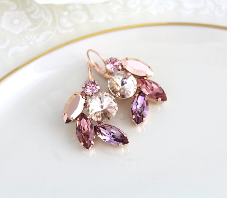 Rose gold Bridal earrings, Burgundy crystal earrings, Bridal jewelry, Cluster leaf earrings, Rose gold crystal earrings, Wedding earrings image 3