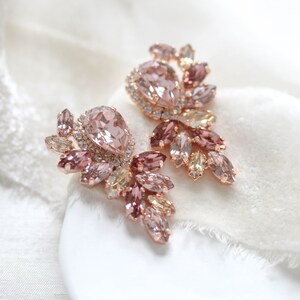 Rose gold Bridal earrings, Stud earrings, Bridal jewelry, Crystal Wedding earrings, Burgundy Statement earrings for bride, Wedding jewelry