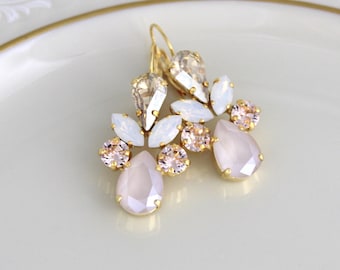 Gold Wedding earrings, Bridal jewelry, Crystal Bridal earrings, Gold crystal Dangle earrings, White Opal earrings, Bridesmaid earrings