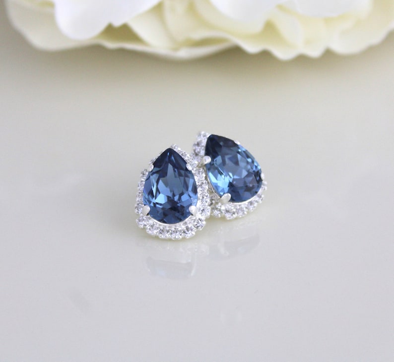 Navy blue earrings, Crystal Bridal earrings, Bridal jewelry, Teardrop earrings, Stud earrings, Bridesmaid earrings, earrings for bride image 1