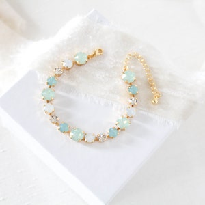 Mint green bracelet, Crystal Bridal bracelet, Bridal jewelry, White Opal Tennis bracelet, Wedding jewelry, Bracelet for Bride, Round crystal image 4