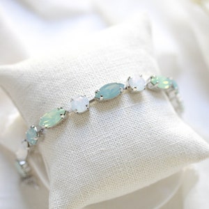 Mint Green Tennis bracelet, Crystal Bridal bracelet, Bridal jewelry, White opal bracelet, Bridesmaid bracelet, Wedding jewelry for bride image 4