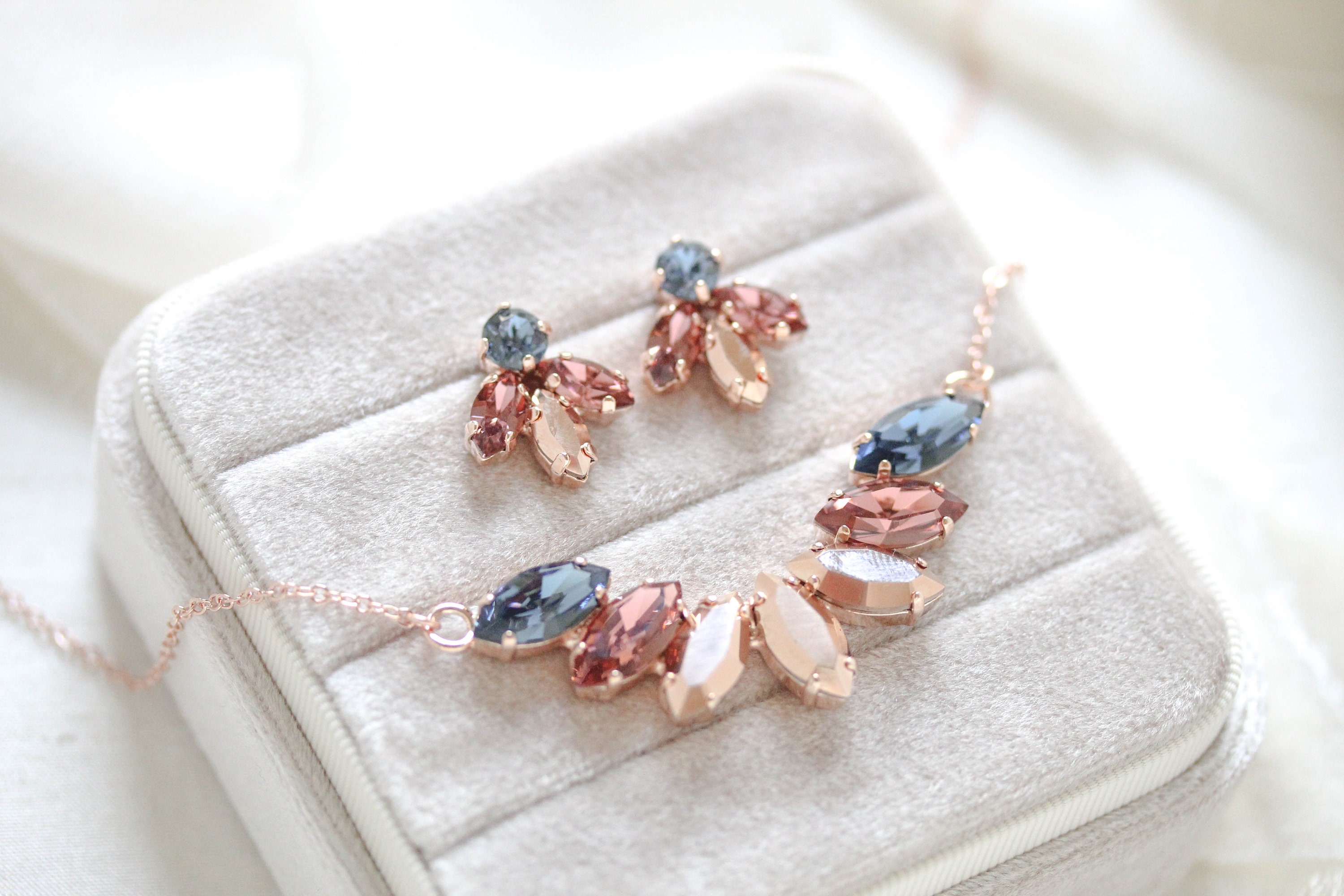 Rose Gold Bridal Necklace Set, Burgundy Crystal Necklace and