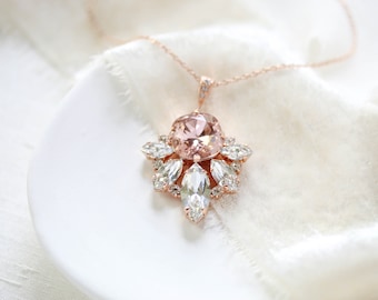 Rose gold Bridal necklace, Crystal Wedding necklace, Bridal jewelry, Rose gold Bridesmaid necklace, Rose gold Wedding jewelry Blush necklace