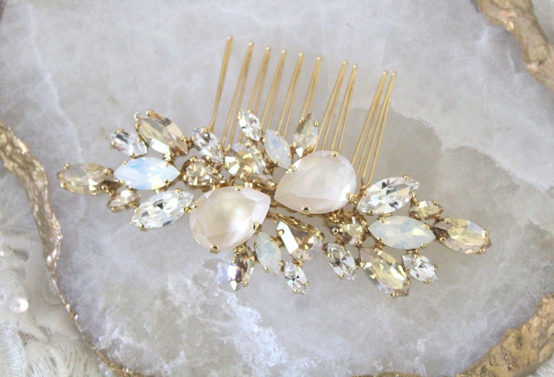 Gold Bridal hair comb, Bridal hair accessories, Bridal hair piece, Crystal hair comb for wedding, Ivory cream headpiece, Large hair comb image 2