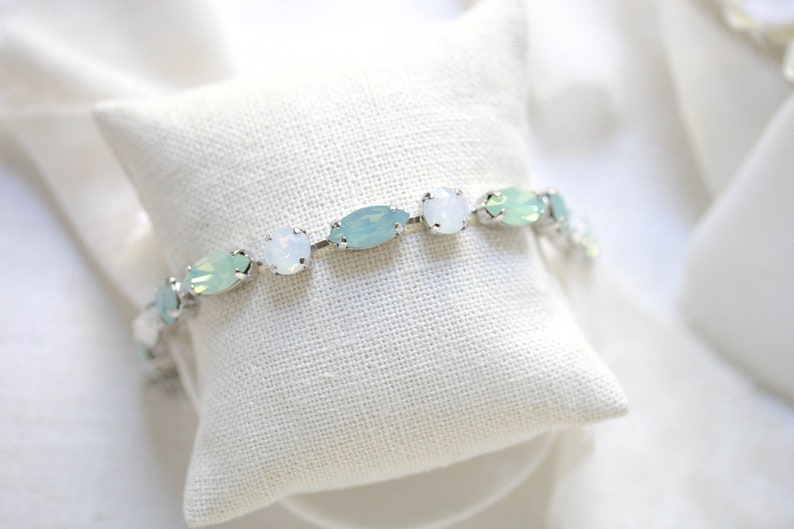 Mint Green Tennis bracelet, Crystal Bridal bracelet, Bridal jewelry, White opal bracelet, Bridesmaid bracelet, Wedding jewelry for bride image 1